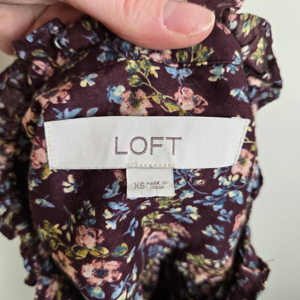 Loft Floral Mockneck Button Up Shirt Purple Multi XS - Picture 9 of 11